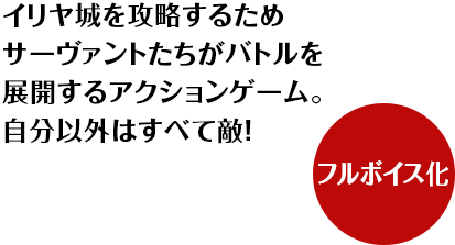 イリヤ城を攻略するためサーヴァントたちがバトルを展開するアクションゲーム。自分以外はすべて敵！