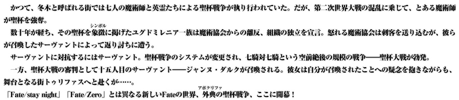 かつて、冬木と呼ばれる街では七人の魔術師と英霊たちによる聖杯戦争が執り行われていた。だが、第二次世界大戦の混乱に乗じて、とある魔術師が聖杯を強奪。数十年が経ち、その聖杯を象徴に掲げたユグドミレニア一族は魔術協会からの離反、組織の独立を宣言。怒れる魔術協会は刺客を送り込むが、彼らが召喚したサーヴァントによって返り討ちに遭う。サーヴァントに対抗するにはサーヴァント。聖杯戦争のシステムが変更され、七騎対七騎という空前絶後の規模の戦争――聖杯大戦が勃発。一方、聖杯大戦の審判として十五人目のサーヴァント――ジャンヌ・ダルクが召喚される。彼女は自分が召喚されたことへの疑念を抱きながらも、舞台となる街トゥリファスへと赴くが……。「Fate/stay night」「Fate/Zero」とは異なる新しいFateの世界、外典の聖杯戦争、ここに開幕！